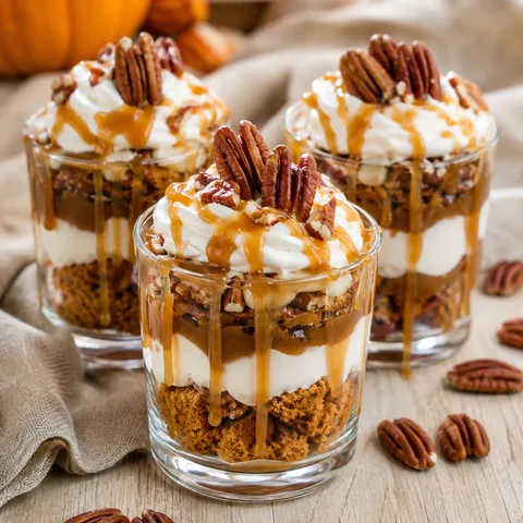 Pumpkin cheesecake trifle cups with caramel and toasted pecans