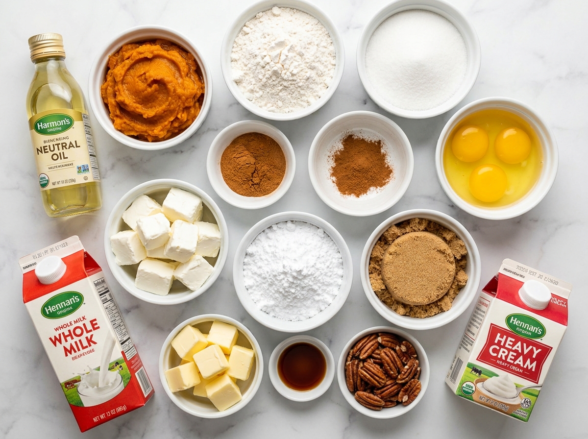 Ingredients for pumpkin cheesecake trifles with pecans and caramel