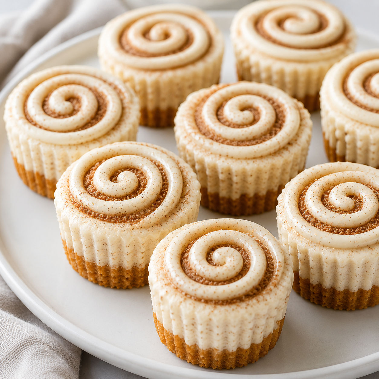 Mini cinnamon roll cheesecakes with cream cheese icing swirls