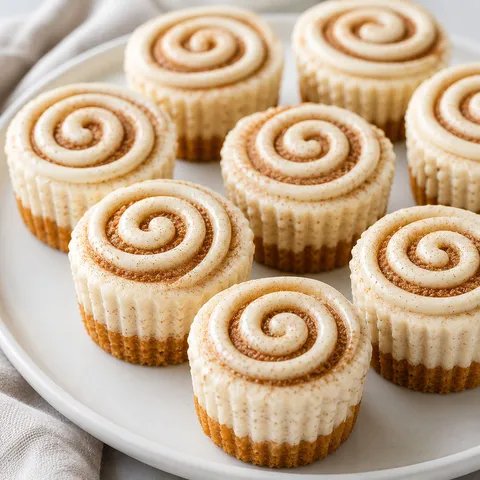 Mini cinnamon roll cheesecakes with cream cheese icing swirls