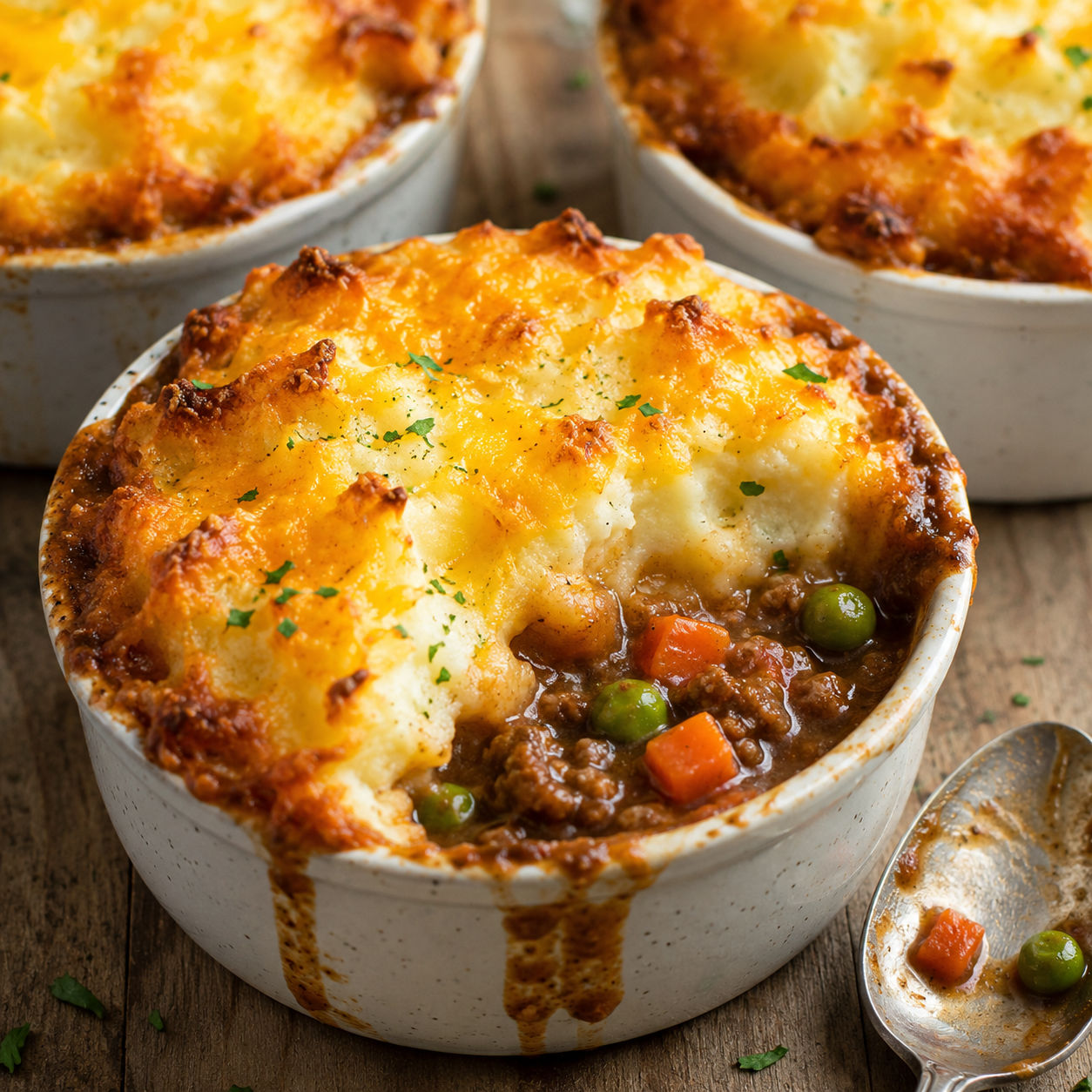 Mini cottage pies in ramekins with golden mashed potato tops