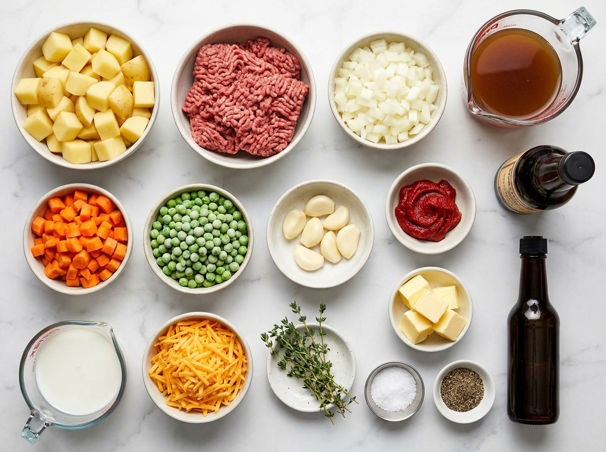 Ingredients for mini cottage pies with beef, potatoes, peas, and carrots