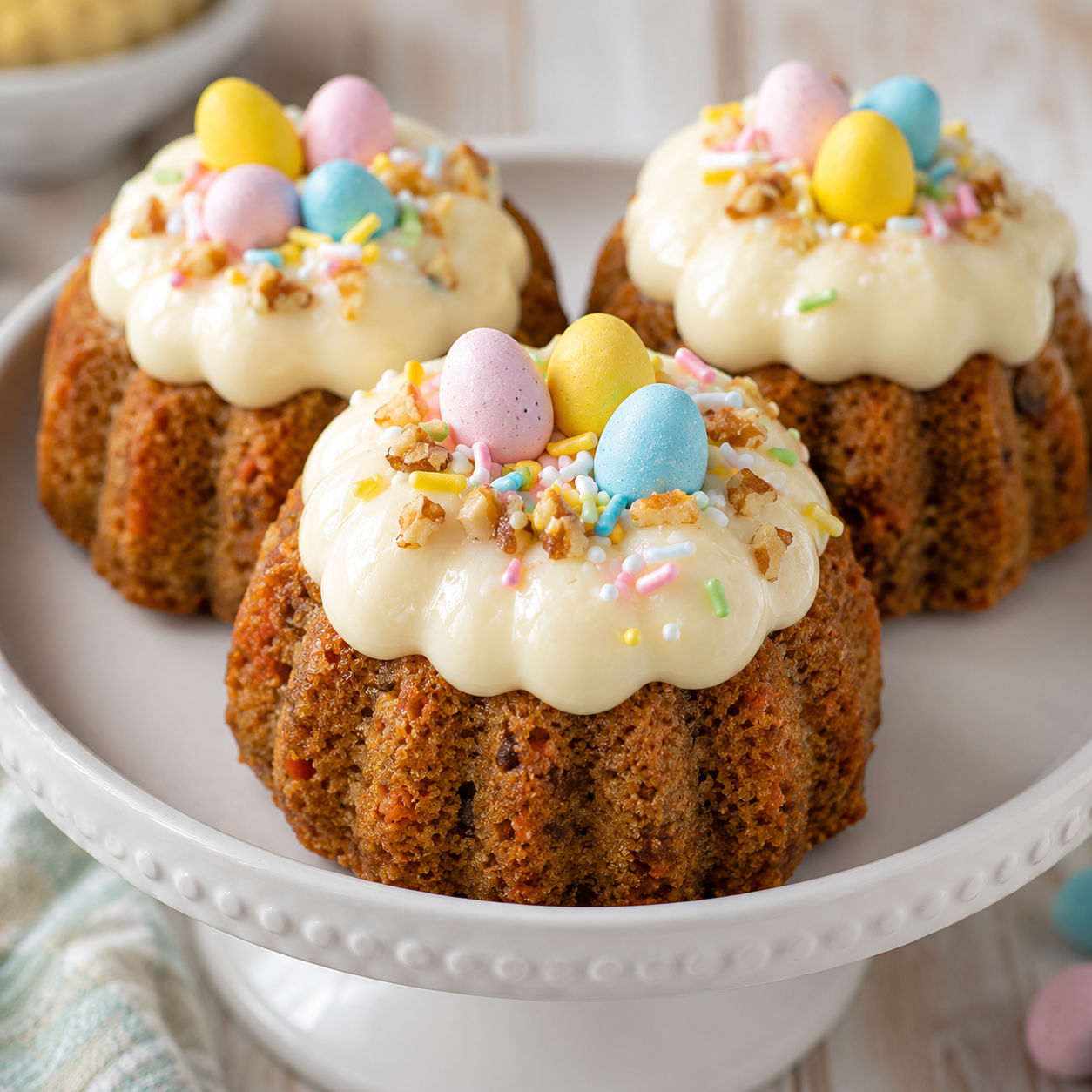 Mini carrot bundt cakes with cream cheese frosting and candy eggs