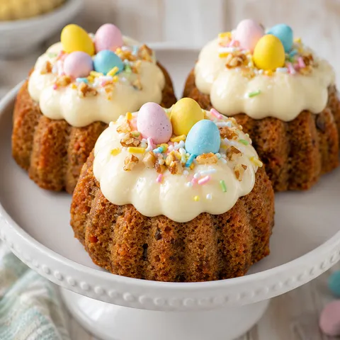 Mini carrot bundt cakes with cream cheese frosting and candy eggs