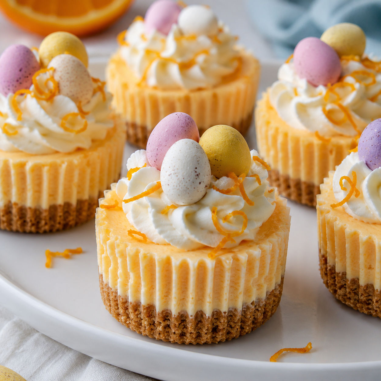 Mini orange cheesecakes with whipped cream, orange curls, and candy eggs