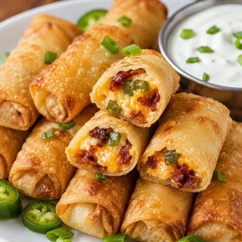 Mini jalapeño popper egg rolls with creamy cheddar bacon filling