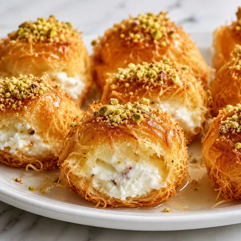 Mini kunafa cream puffs with pistachios and rose cream on a white plate