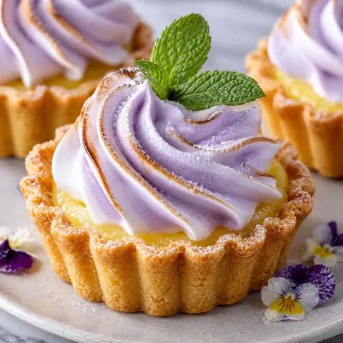 Mini lemon tart with lilac meringue and toasted purple peaks