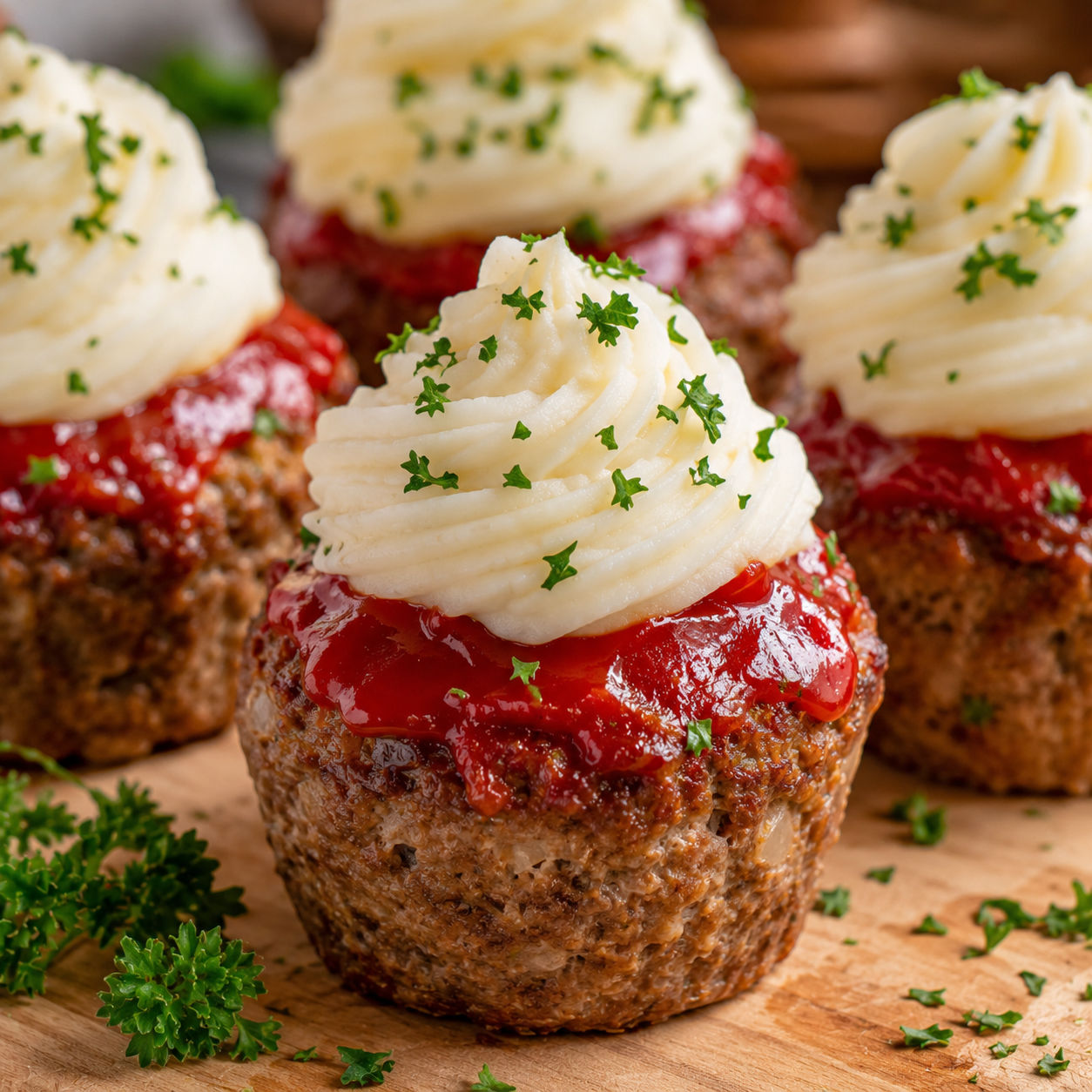 Mini meatloaf muffins with swirled mashed potato frosting and parsley