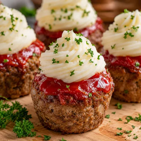 Mini meatloaf muffins with swirled mashed potato frosting and parsley