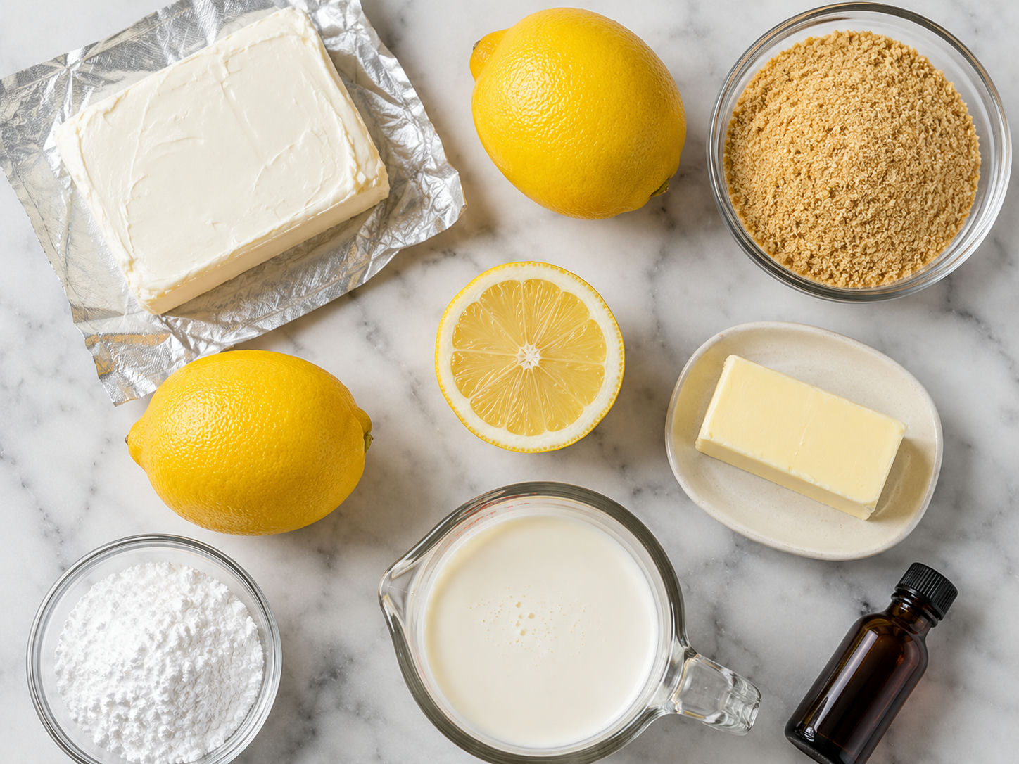 Raw ingredients for mini no-bake lemon cheesecake tarts on a light wood surface