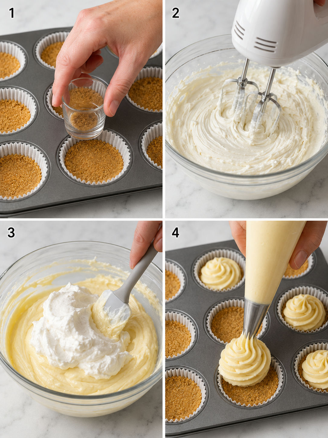 Four-step process of making mini lemon cheesecake tarts from pressing crust to piping filling
