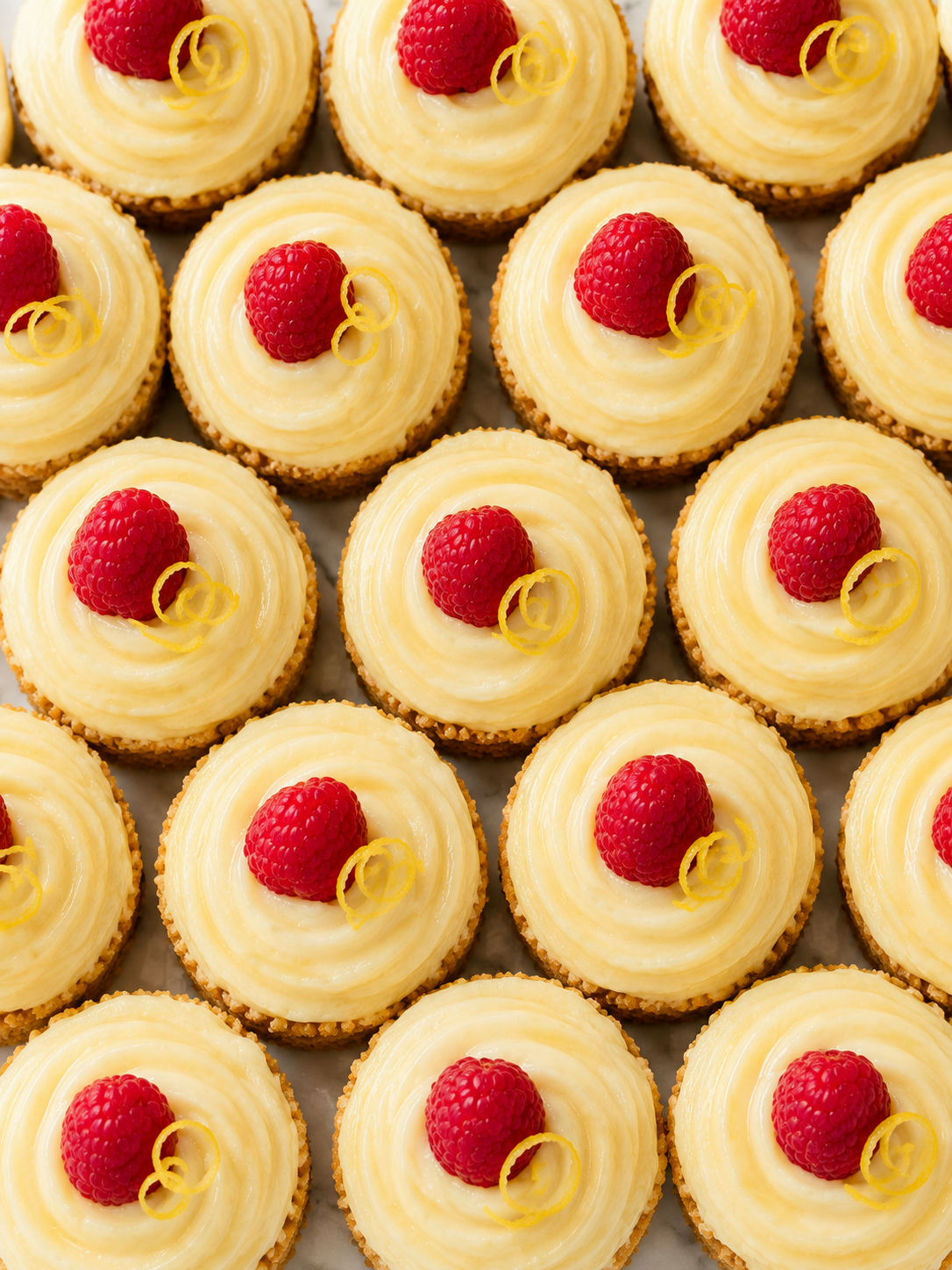 Overhead view of mini no-bake lemon cheesecake tarts with raspberries on white marble