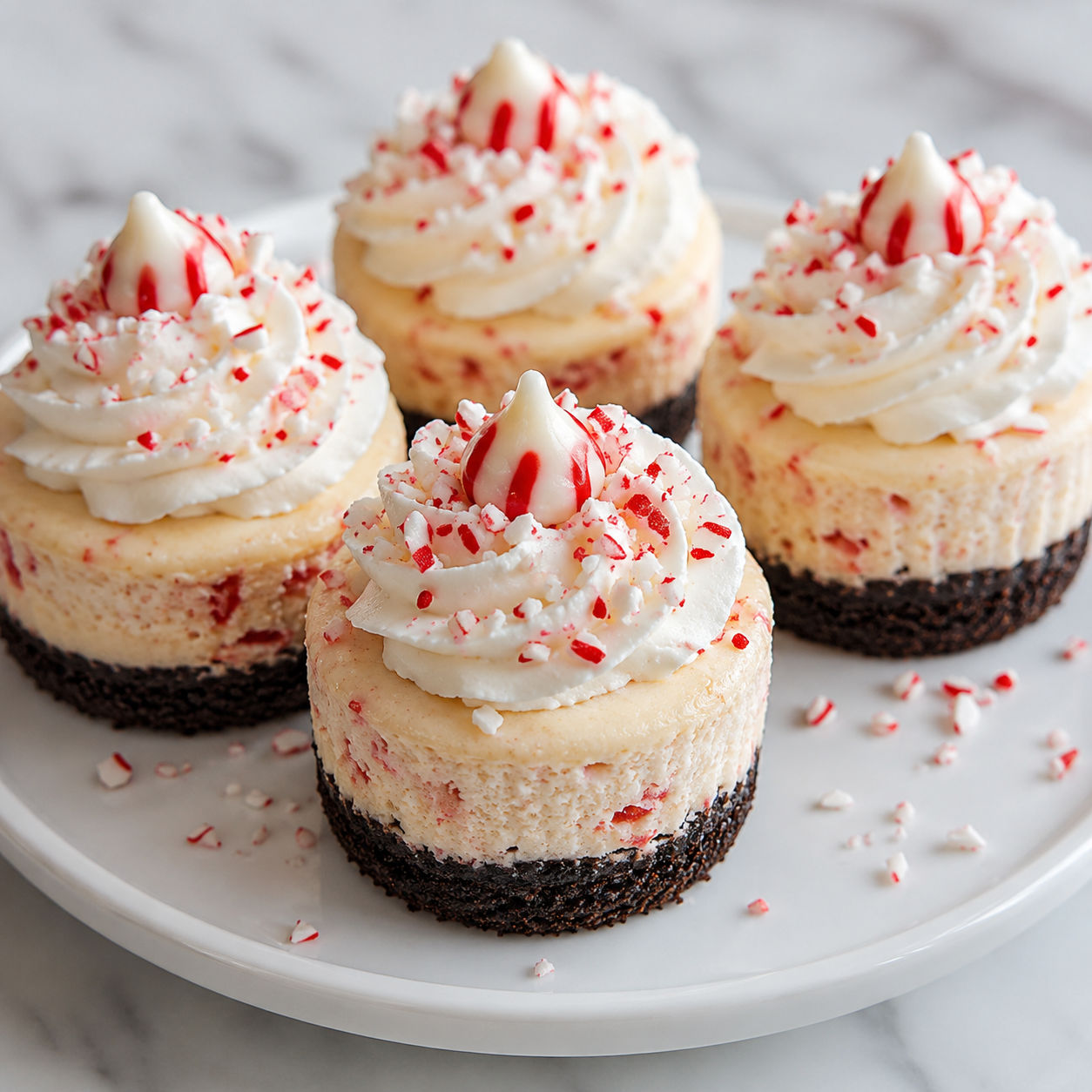 Mini peppermint cheesecakes with whipped cream and crushed candy canes