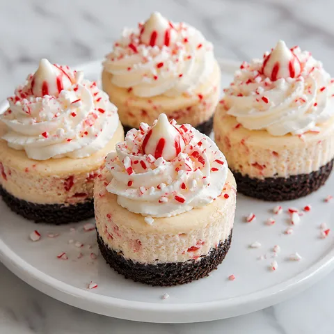 Mini peppermint cheesecakes with whipped cream and crushed candy canes