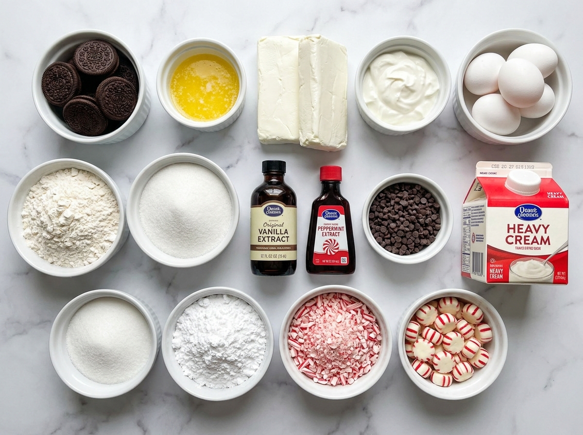 Ingredients for mini peppermint cheesecakes on a marble counter