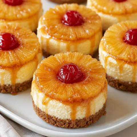 Mini pineapple upside-down cheesecakes with cherries and caramel glaze