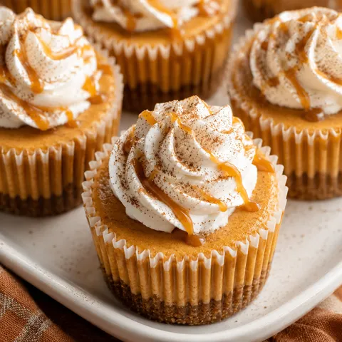 Mini pumpkin cheesecakes with whipped cream and cinnamon on a white platter