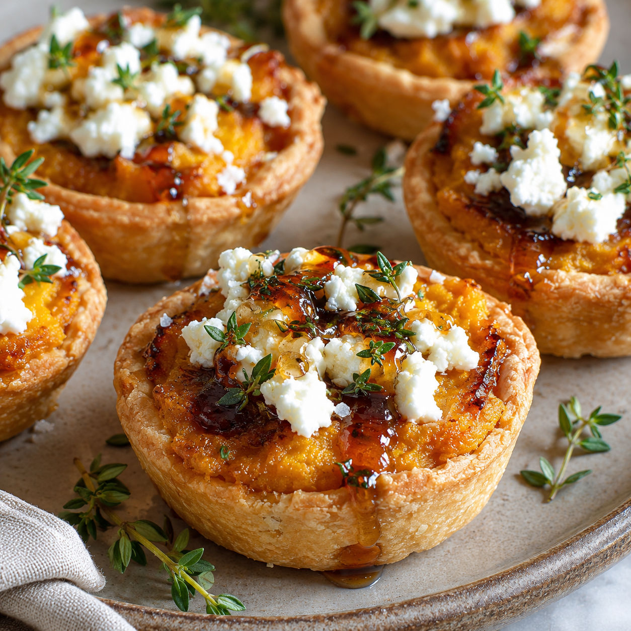 Mini pumpkin tartlets with goat cheese, thyme, and honey on a platter