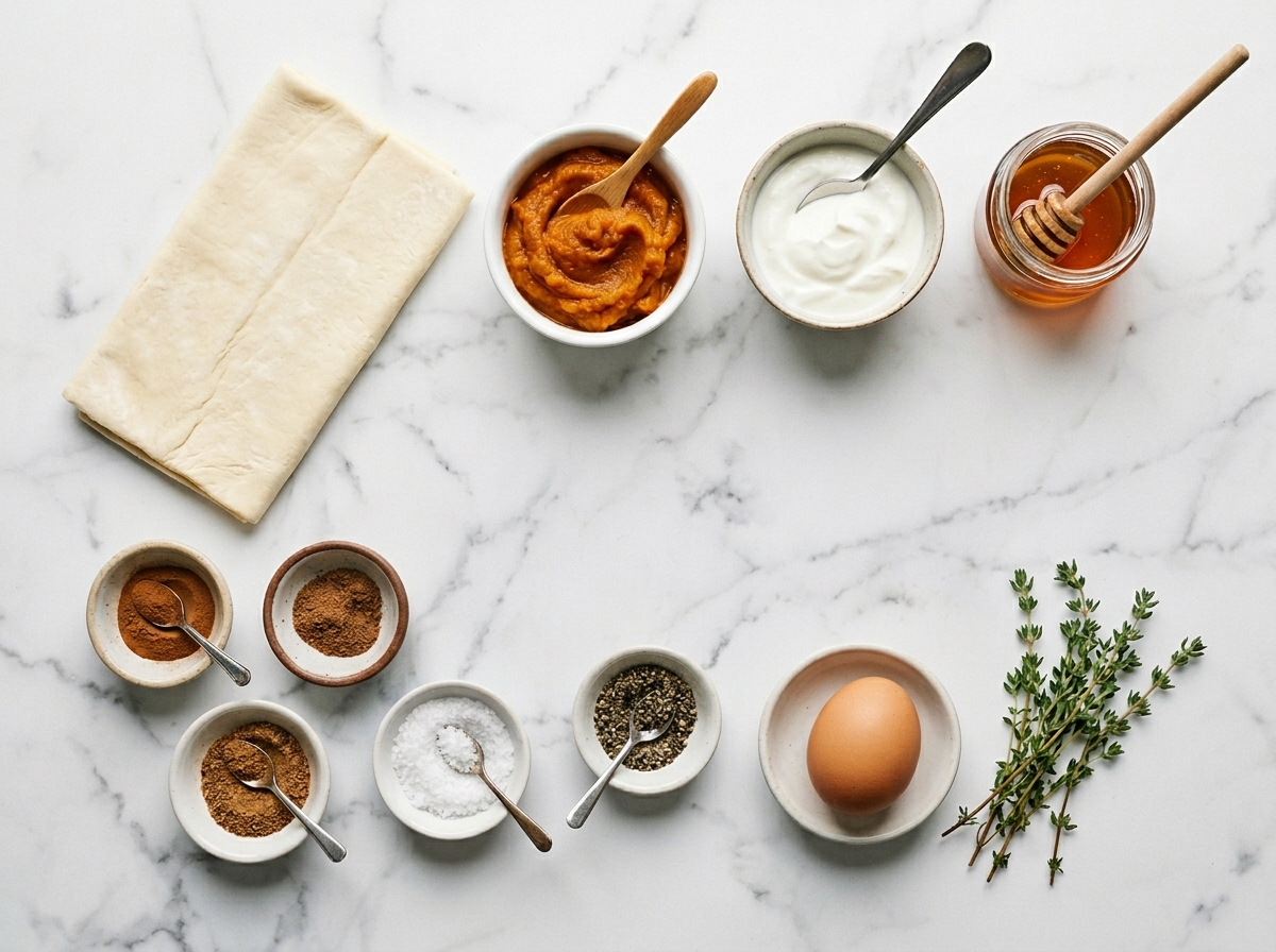 Puff pastry, pumpkin, goat cheese, honey, thyme, and spices for tartlets