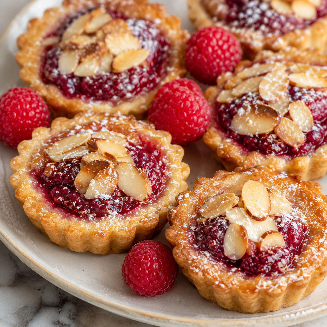 Mini raspberry almond tarts with sliced almonds and powdered sugar