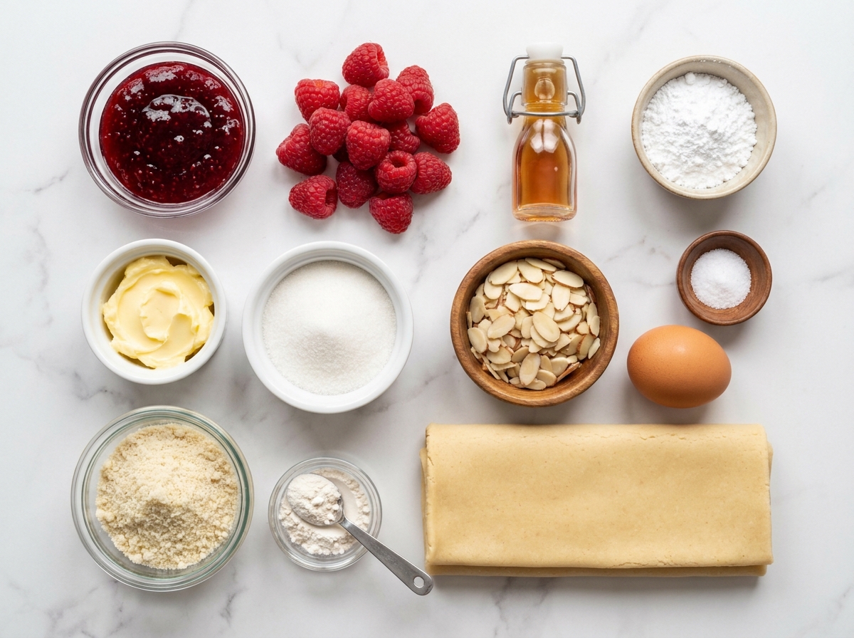 Ingredients for mini raspberry almond tarts with pastry, jam, almonds, and berries