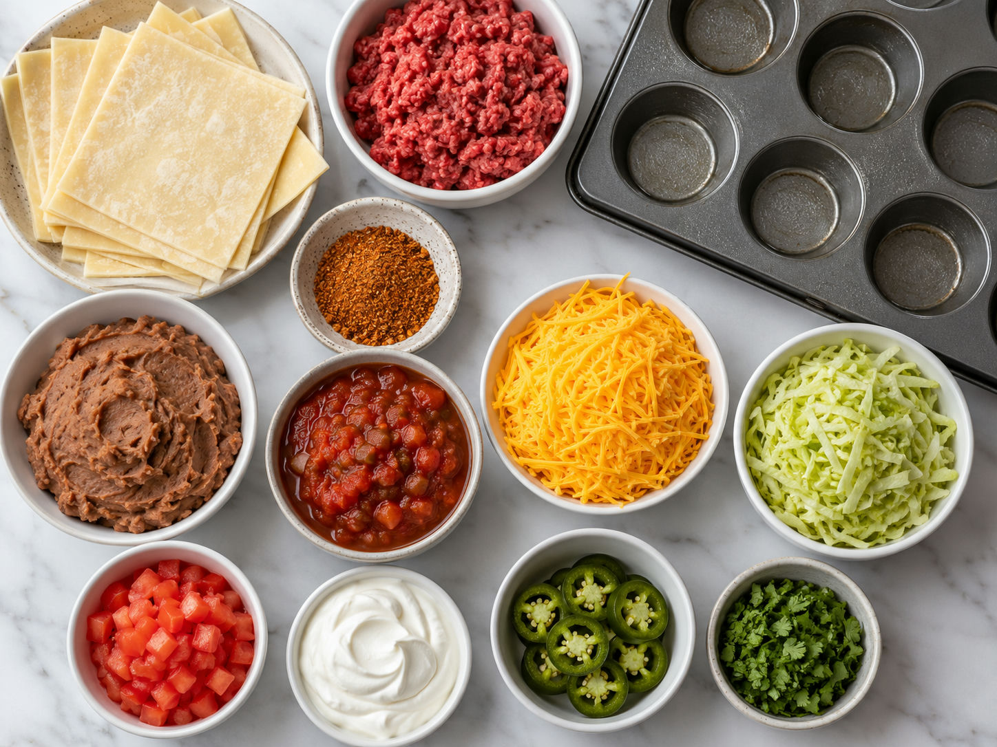 Ingredients for Mini Taco Cupcakes with wontons, beef, cheese, and toppings