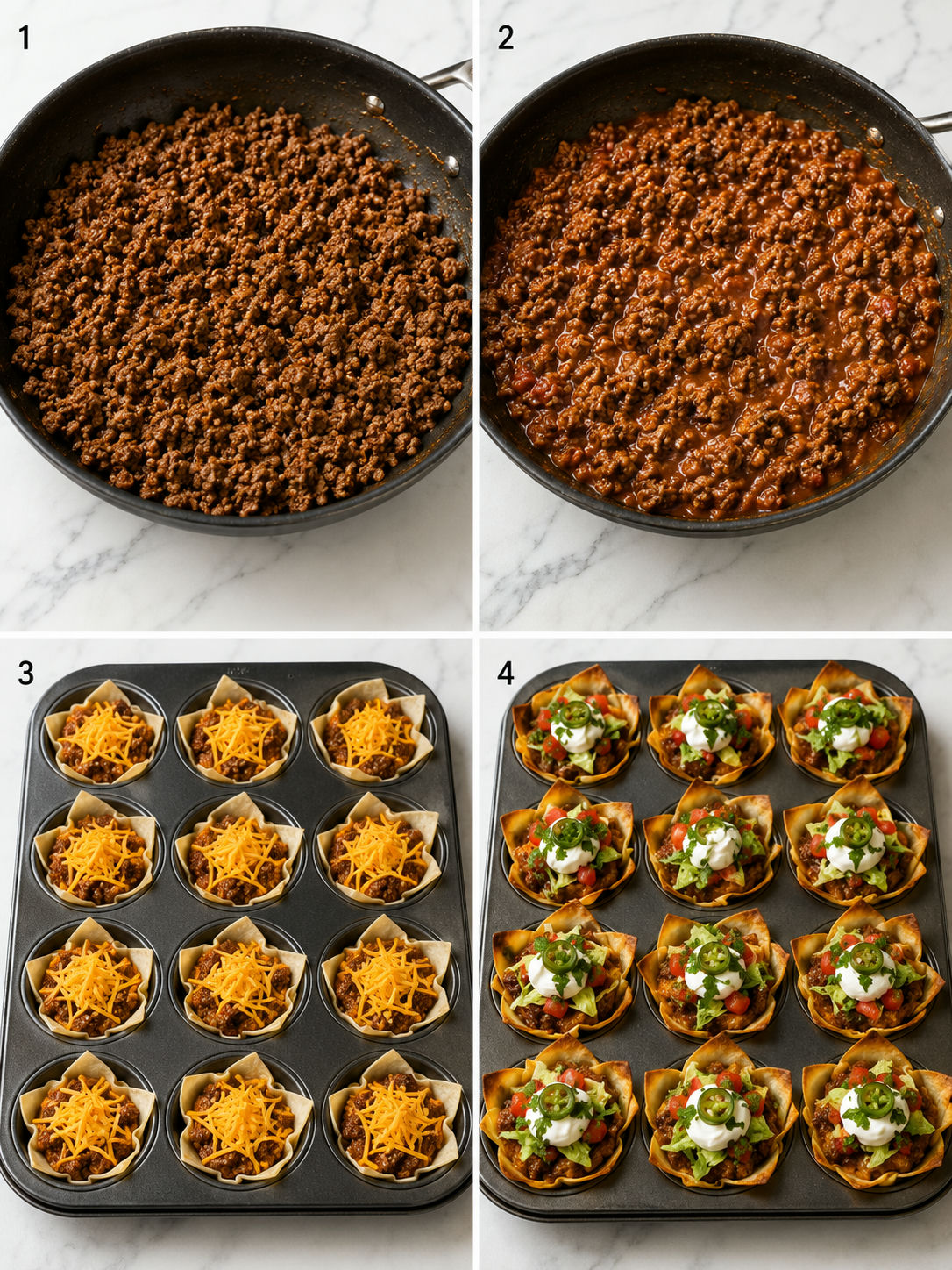 Four steps for making Mini Taco Cupcakes in a muffin pan