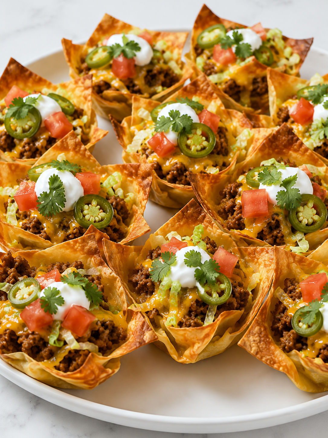 Mini Taco Cupcakes filling the frame with crisp shells and fresh toppings
