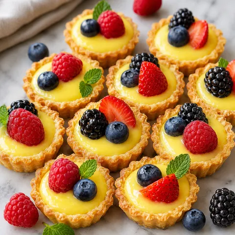 Mini lemon curd tarts topped with fresh mixed berries and mint