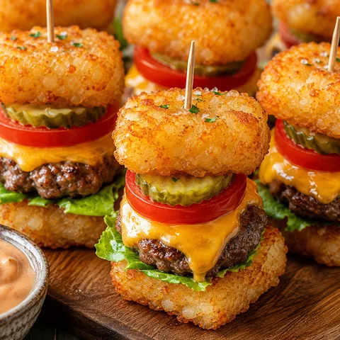 Mini tater tot cheeseburgers with cheddar, pickles, lettuce, and tomato