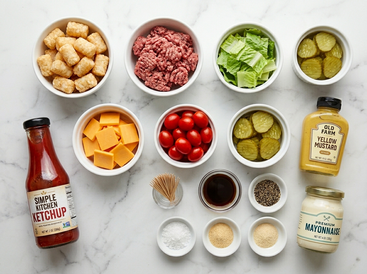 Ingredients for mini tater tot cheeseburgers on a wooden surface