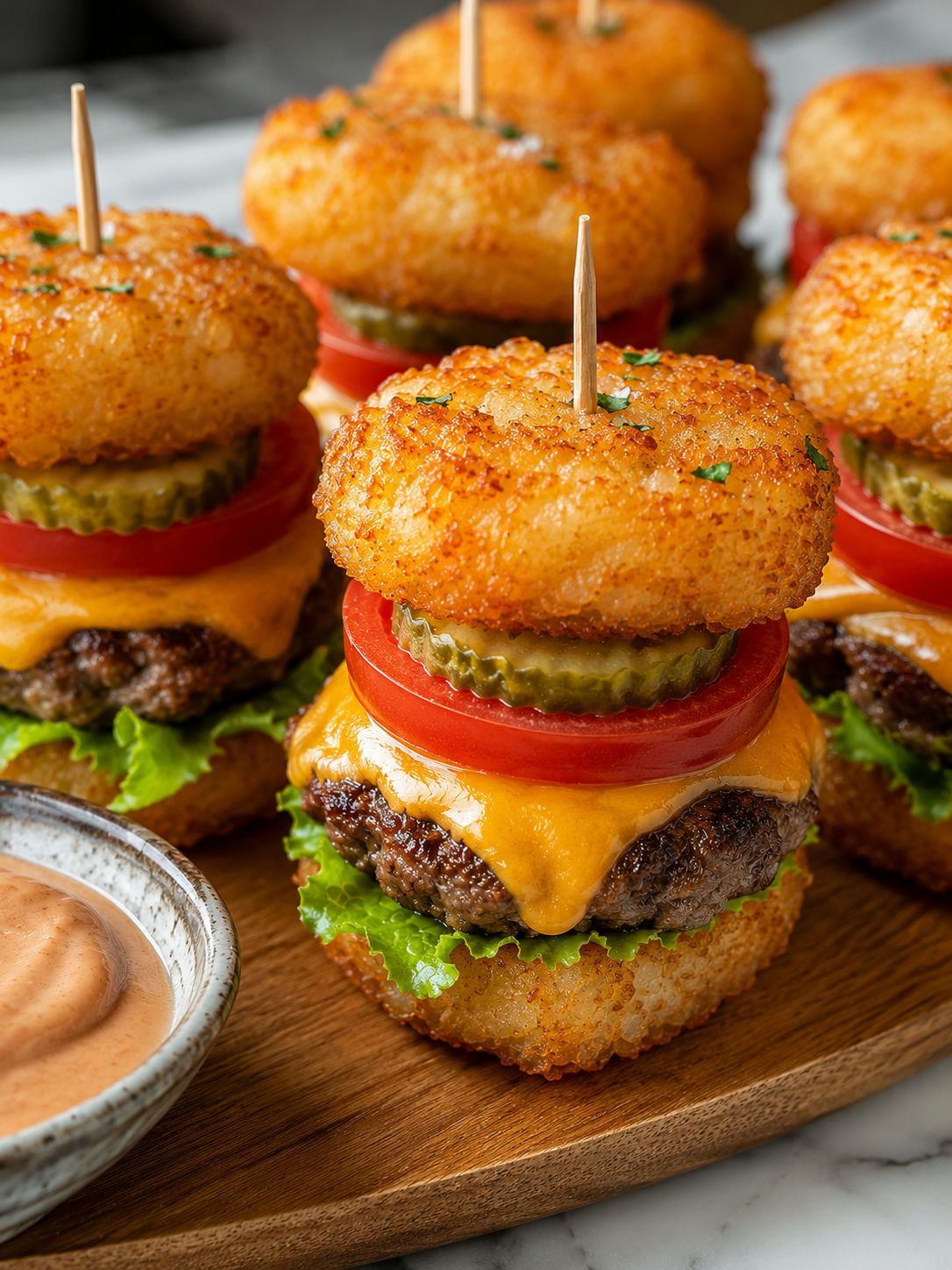 Mini Tater Tot Cheeseburgers, plated and served