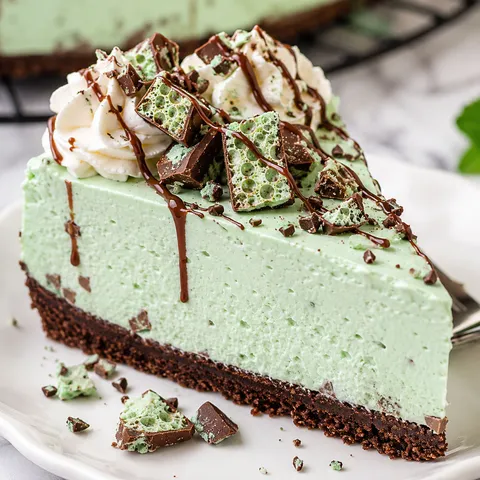 Mint Aero Cheesecake slice with whipped cream and chocolate drizzle