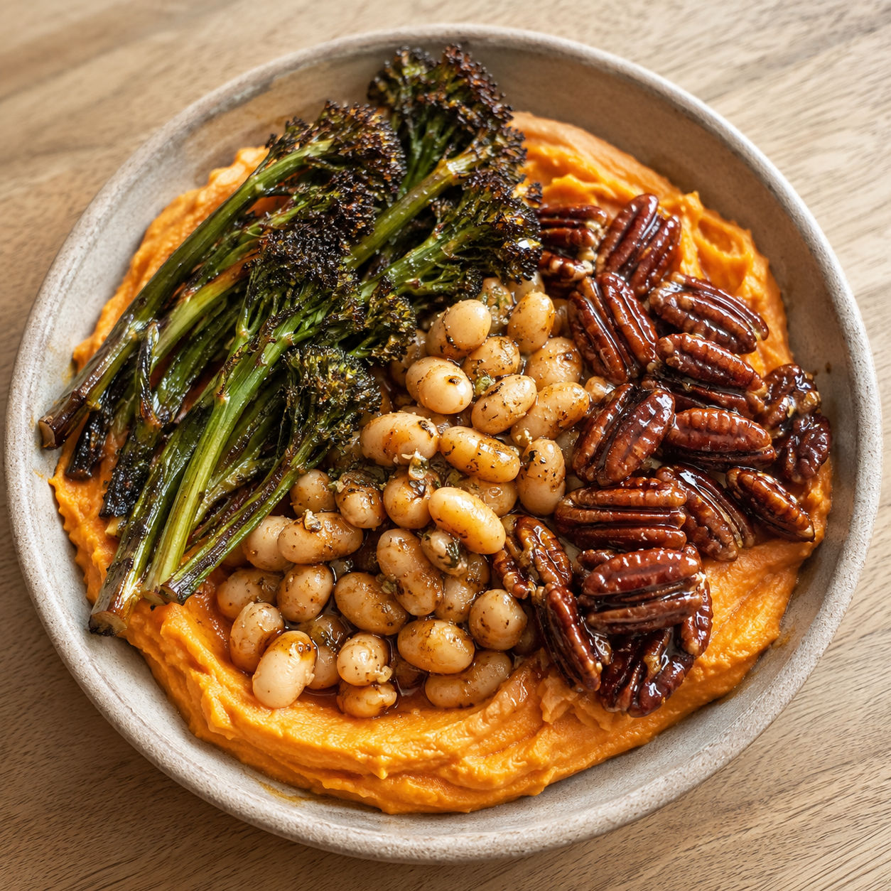 Miso tahini sweet potato bowl with spiced beans and broccolini