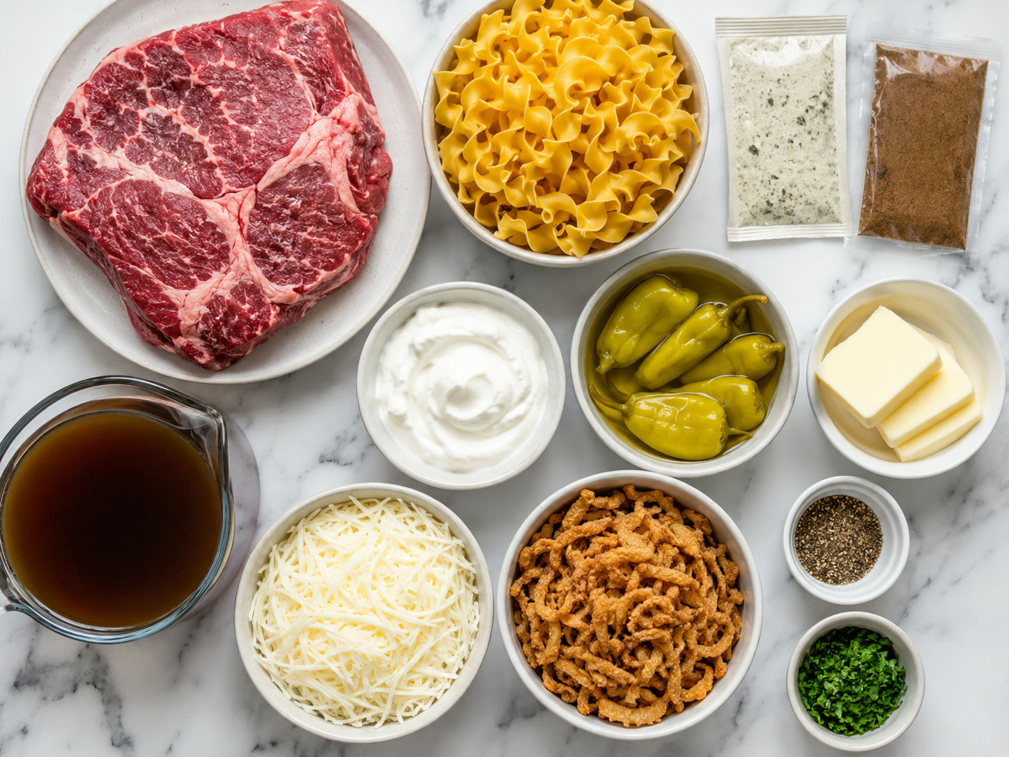 Ingredients for Mississippi pot roast casserole on a wooden surface