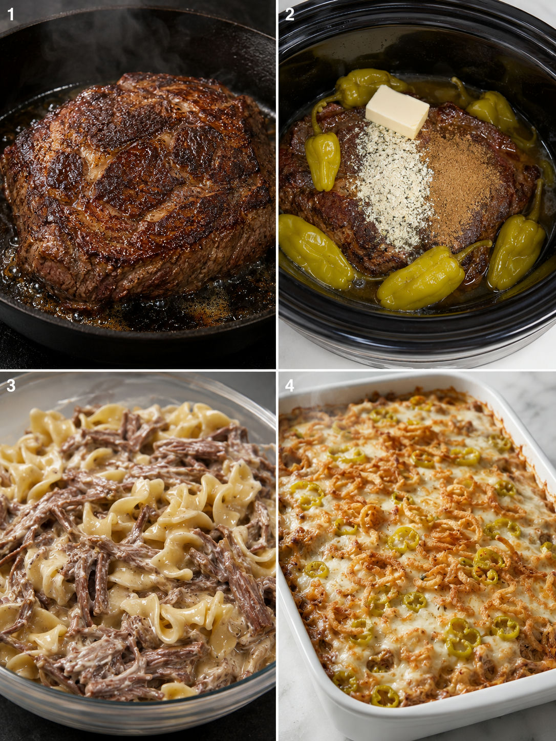 Four cooking steps for Mississippi pot roast casserole