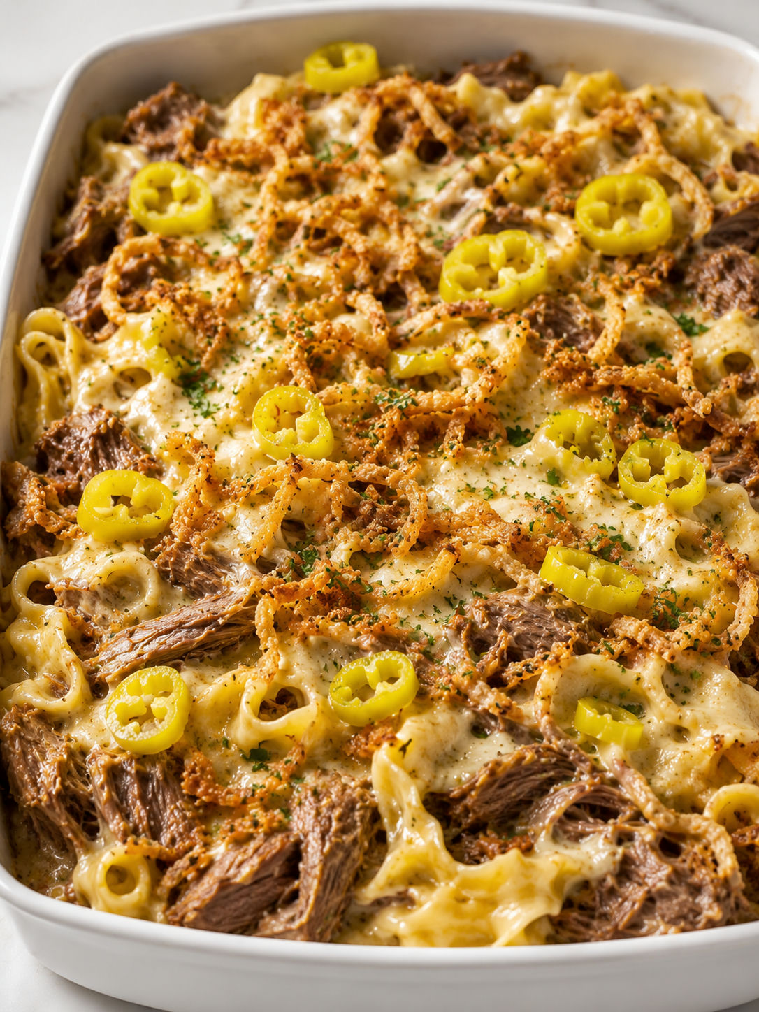 Saucy Mississippi pot roast casserole with noodles and pepperoncini