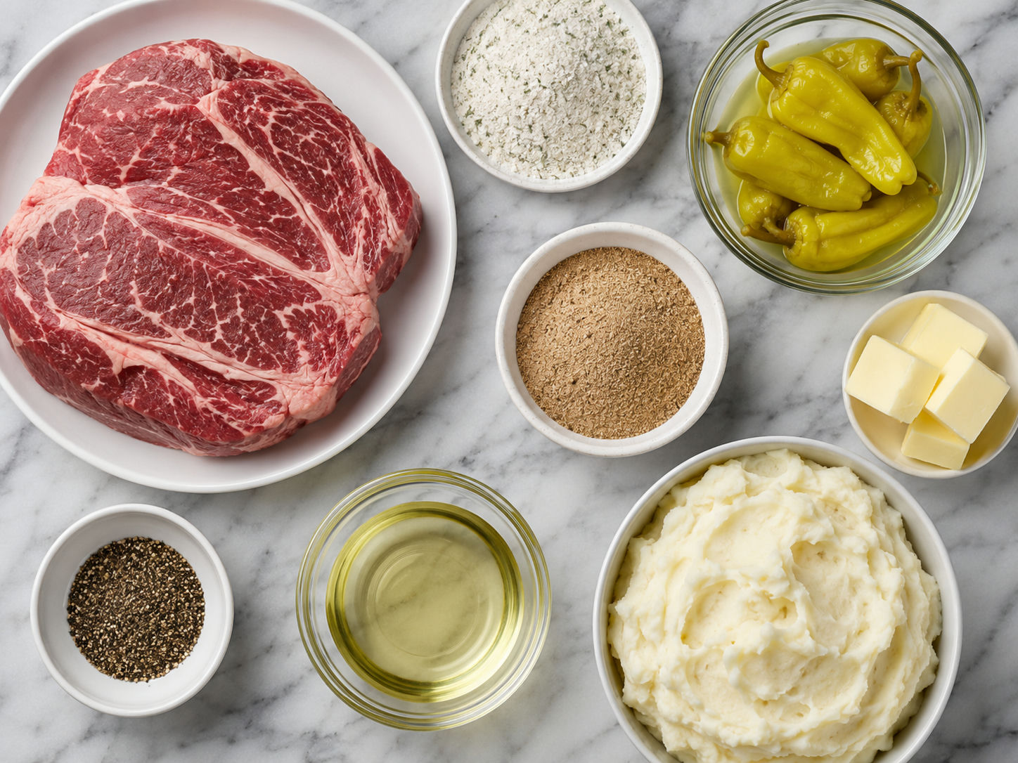 Ingredients for Mississippi Pot Roast with chuck roast and pepperoncini