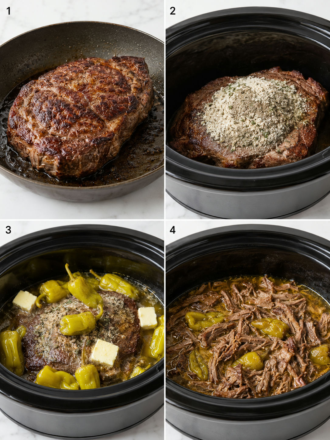 Four steps for making Mississippi Pot Roast in a slow cooker