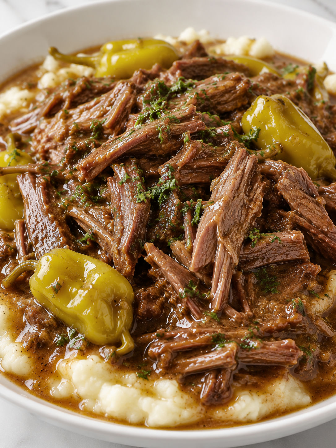 Shredded Mississippi Pot Roast with pepperoncini over mashed potatoes