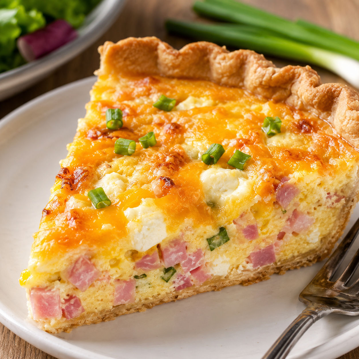 Mississippi Sin Quiche slice with ham, cheddar, and green onions