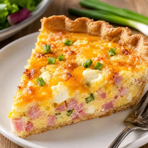 Mississippi Sin Quiche slice with ham, cheddar, and green onions