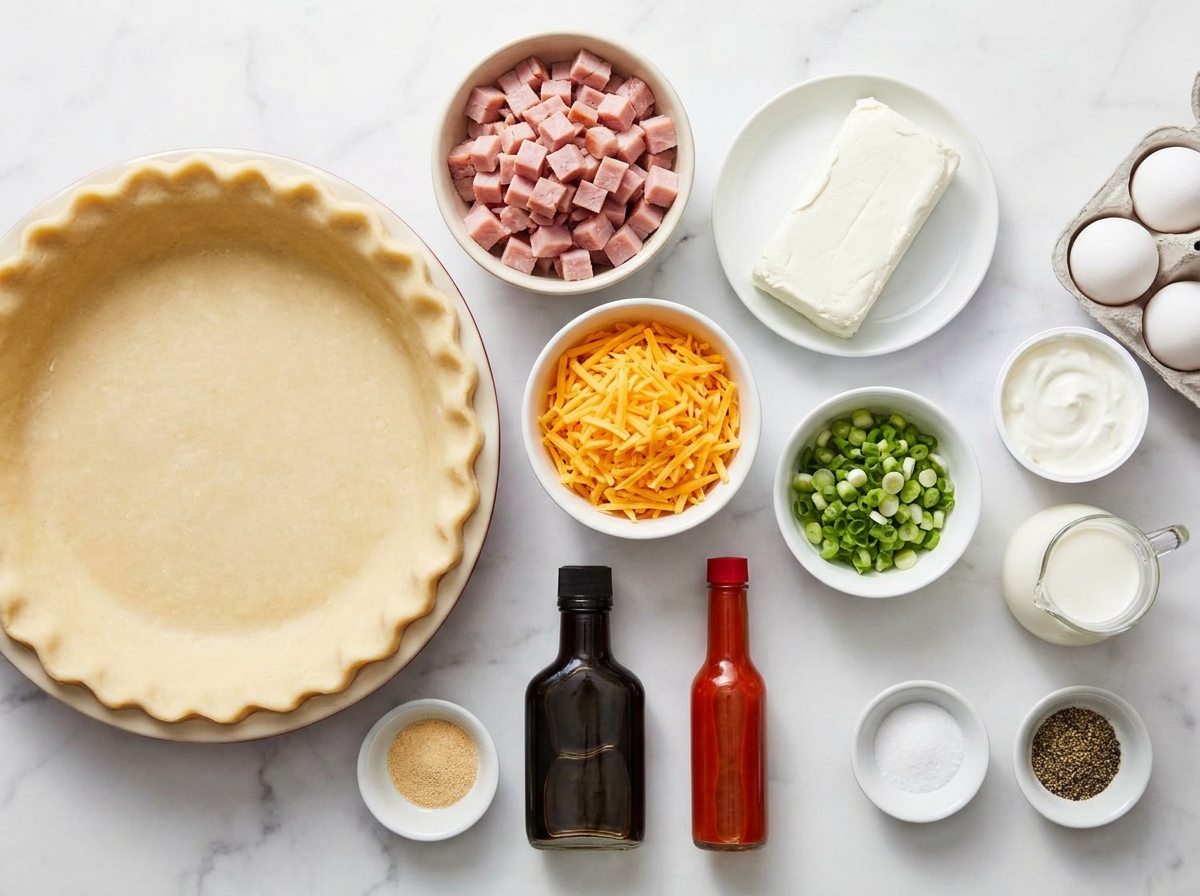 Ingredients for Mississippi Sin Quiche with ham, cheddar, eggs, and pie crust