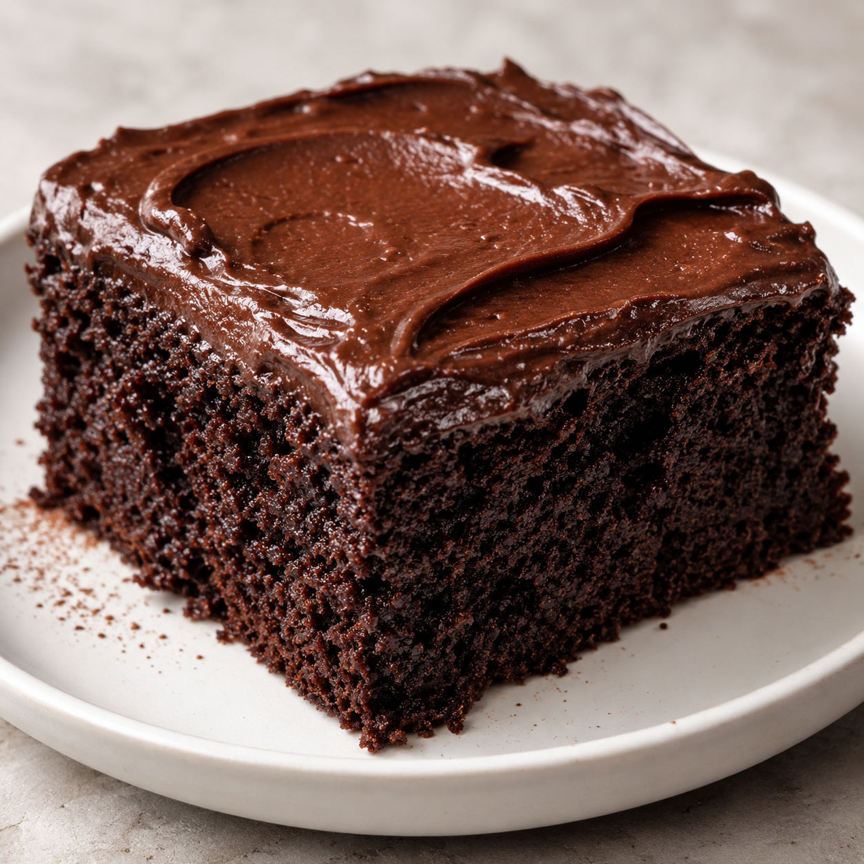 Moist buttermilk chocolate cake slice with glossy chocolate frosting