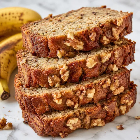 Moist Greek yogurt banana bread slices with walnuts and ripe bananas