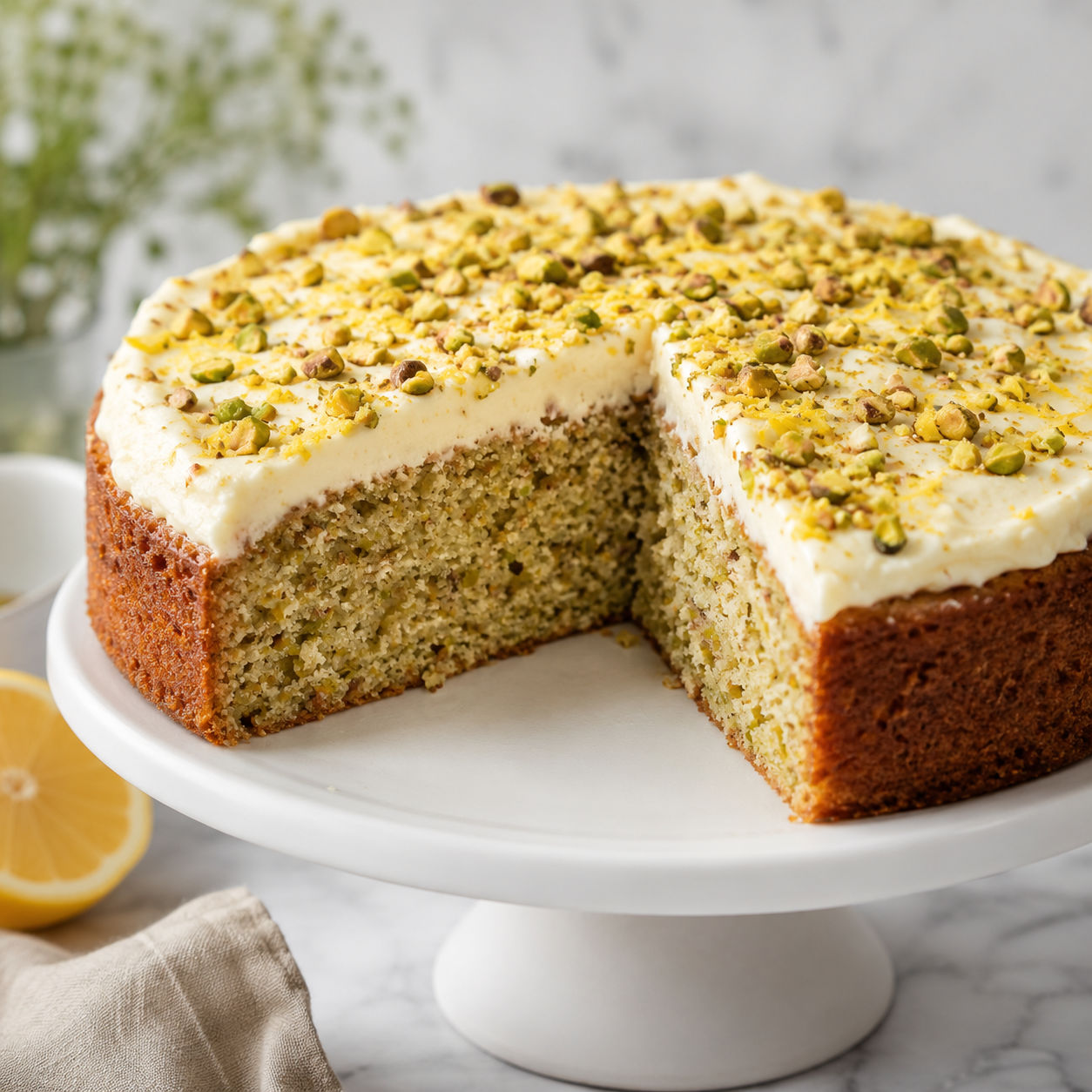 Lemon pistachio cake with cream cheese frosting and chopped pistachios
