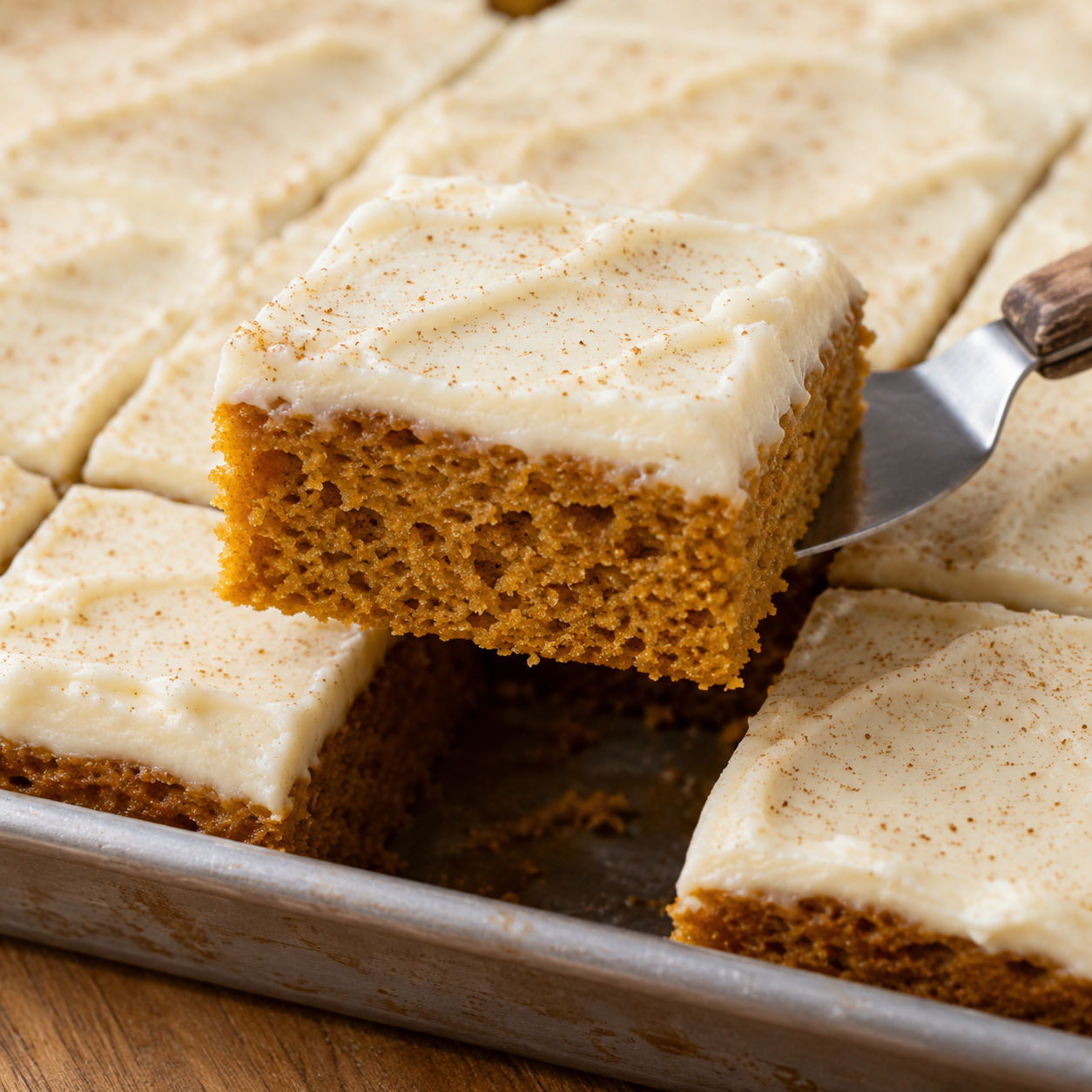 Pumpkin bars with cream cheese frosting and cinnamon in a metal pan