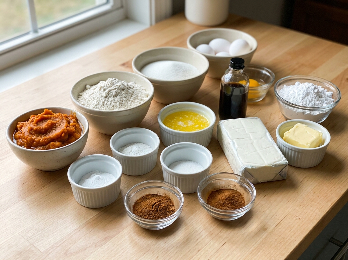 Ingredients for pumpkin bars with cream cheese frosting on a kitchen counter