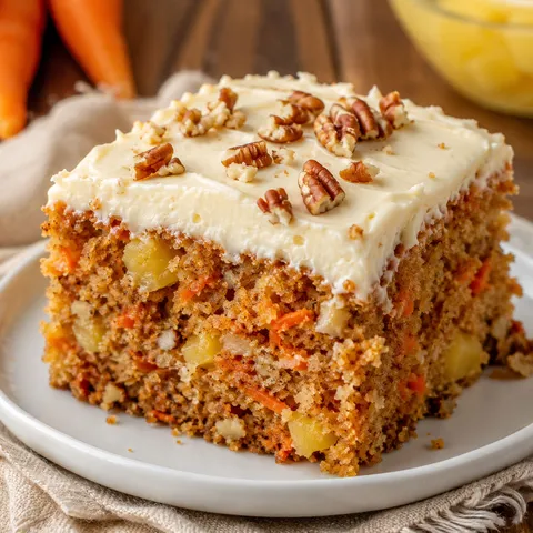 Pineapple carrot cake slice with cream cheese frosting and pecans